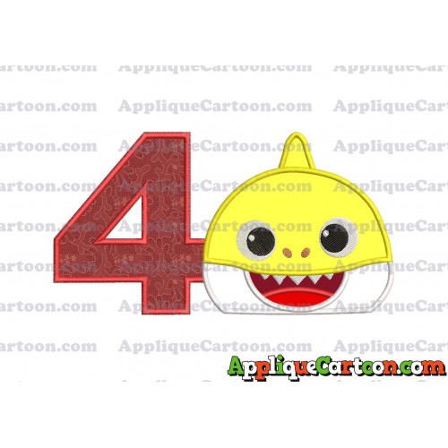 Baby Shark Head Applique Embroidery Design Birthday Number 4