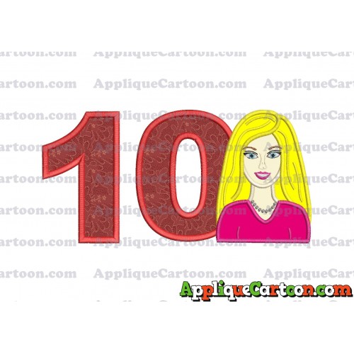 Barbie Head Applique Embroidery Design Birthday Number 10