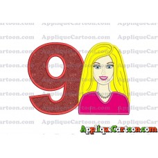 Barbie Head Applique Embroidery Design Birthday Number 9