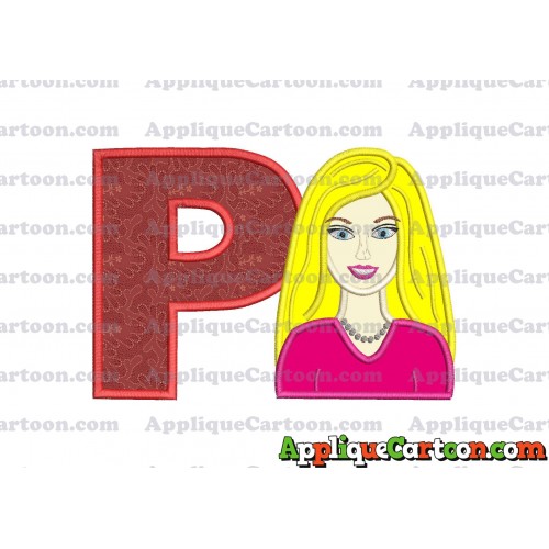 Barbie Head Applique Embroidery Design With Alphabet P