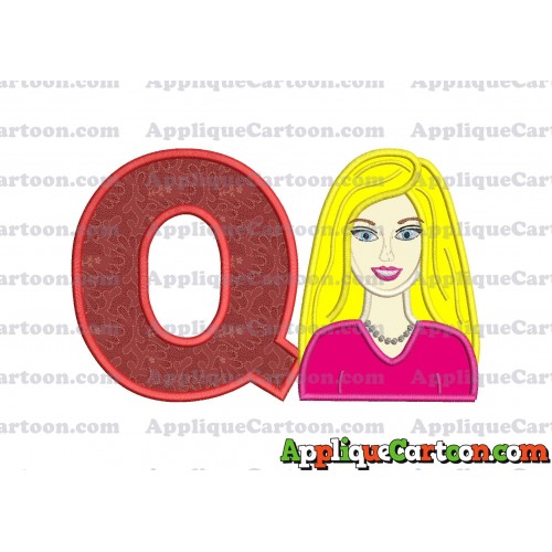 Barbie Head Applique Embroidery Design With Alphabet Q