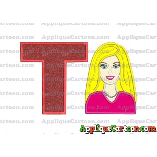 Barbie Head Applique Embroidery Design With Alphabet T