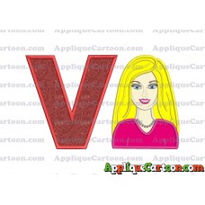 Barbie Head Applique Embroidery Design With Alphabet V