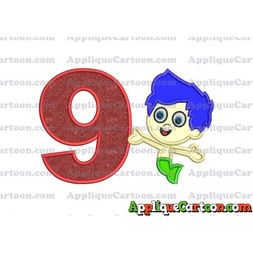 Bubble Guppies Gil Applique Embroidery Design Birthday Number 9