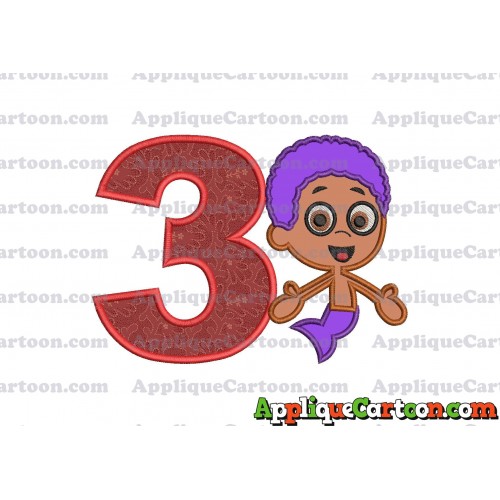 Bubble Guppies Goby Applique Embroidery Design Birthday Number 3