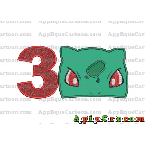 Bulbasaur Pokemon Head Applique Embroidery Design Birthday Number 3
