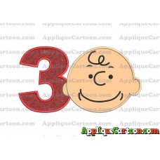 Charlie Brown Peanuts Full Head Applique Embroidery Design Birthday Number 3