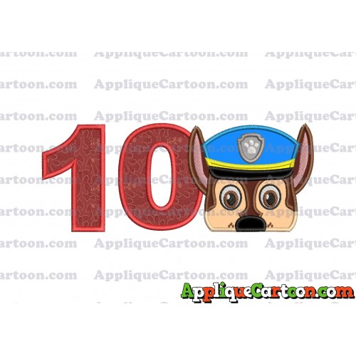 Chase Paw Patrol Head Applique 03 Embroidery Design Birthday Number 10