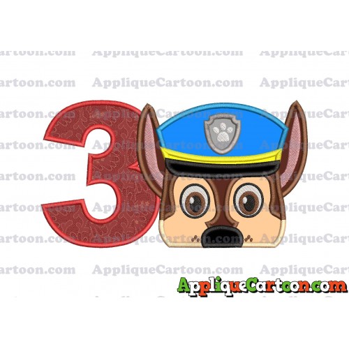Chase Paw Patrol Head Applique 03 Embroidery Design Birthday Number 3