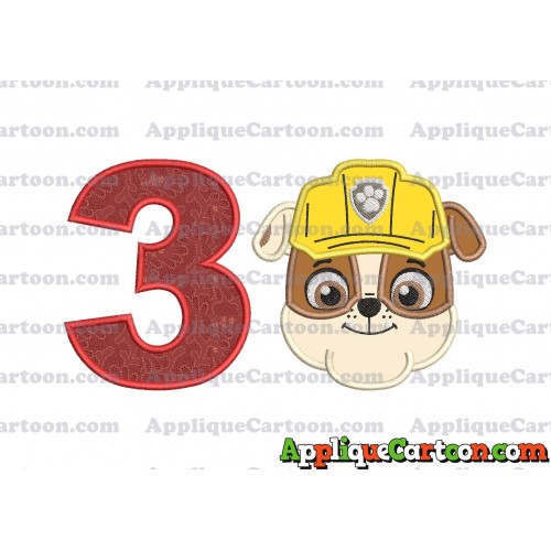 Face Rubble Paw Patrol Applique Embroidery Design Birthday Number 3
