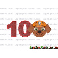 Face Zuma Paw Patrol Applique Embroidery Design Birthday Number 10
