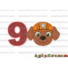 Face Zuma Paw Patrol Applique Embroidery Design Birthday Number 9