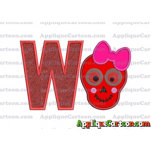 Girl Cute Skeleton Applique Embroidery Design With Alphabet W
