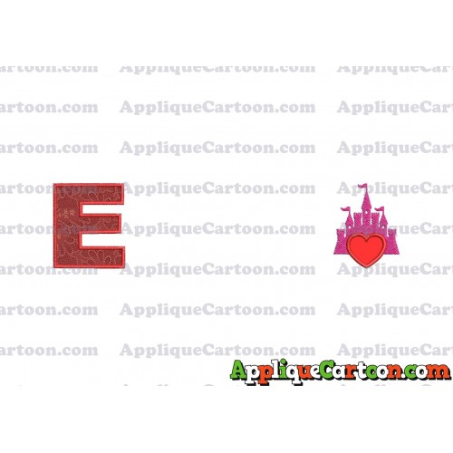Heart and Pink Castle Applique Design With Alphabet E
