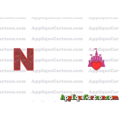 Heart and Pink Castle Applique Design With Alphabet N