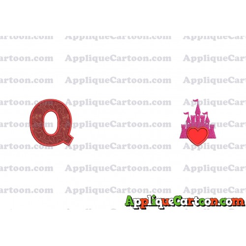 Heart and Pink Castle Applique Design With Alphabet Q