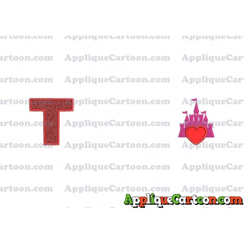 Heart and Pink Castle Applique Design With Alphabet T