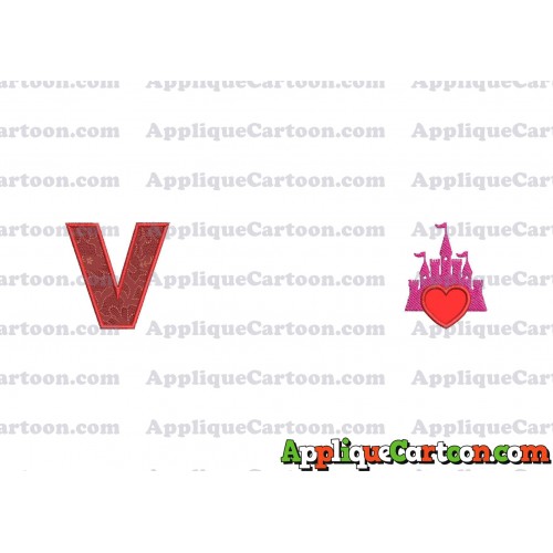 Heart and Pink Castle Applique Design With Alphabet V