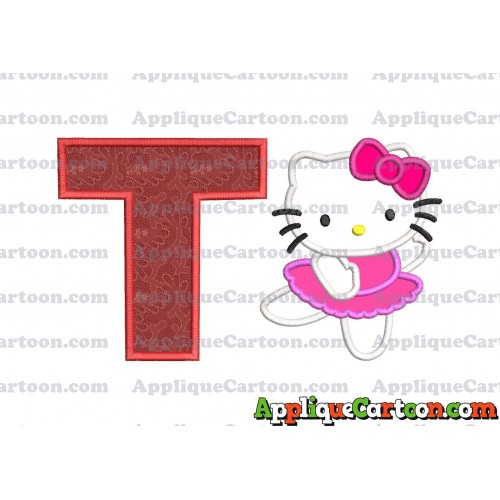 Hello Kitty Dancing With Bow Applique Embroidery Design With Alphabet T