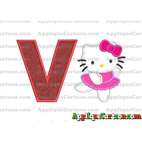 Hello Kitty Dancing With Bow Applique Embroidery Design With Alphabet V