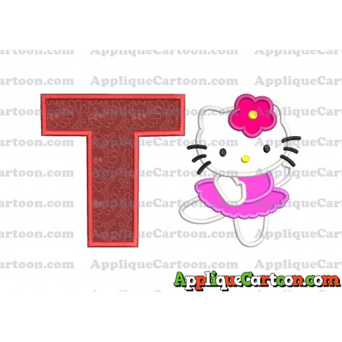 Hello Kitty Dancing With Flower Applique Embroidery Design With Alphabet T
