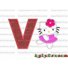 Hello Kitty Dancing With Flower Applique Embroidery Design With Alphabet V
