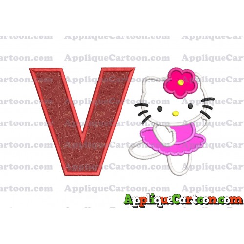 Hello Kitty Dancing With Flower Applique Embroidery Design With Alphabet V