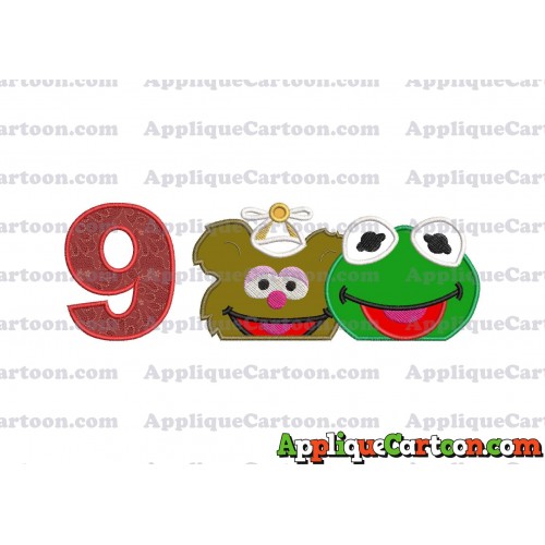 Kermit and Fozzie Muppet Baby Heads 01 Applique Embroidery Design Birthday Number 9