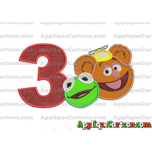 Kermit and Fozzie Muppet Baby Heads 02 Applique Embroidery Design Birthday Number 3