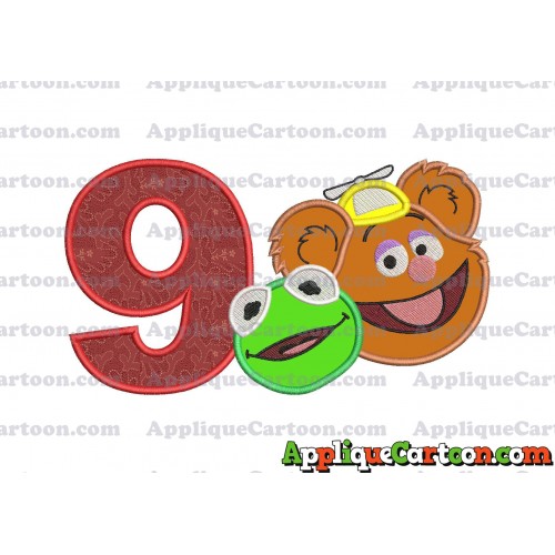 Kermit and Fozzie Muppet Baby Heads 02 Applique Embroidery Design Birthday Number 9