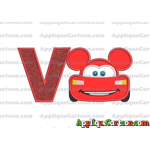 Lightning Mcqueen Ears Mickey Mouse Applique Design With Alphabet V