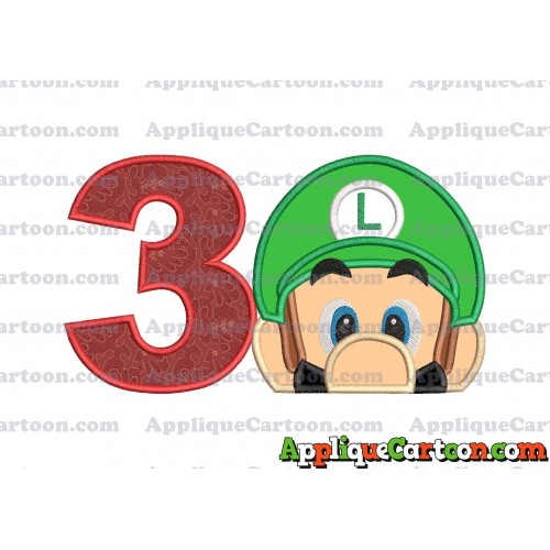 Luigi Super Mario Head 02 Applique Embroidery Design Birthday Number 3