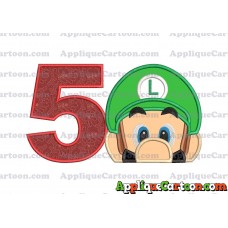 Luigi Super Mario Head 02 Applique Embroidery Design Birthday Number 5
