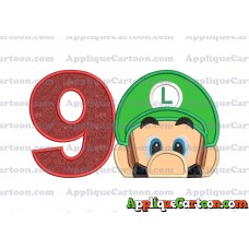 Luigi Super Mario Head 02 Applique Embroidery Design Birthday Number 9