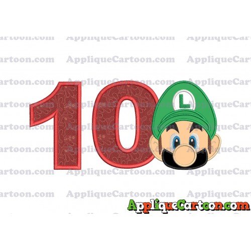Luigi Super Mario Head Applique Embroidery Design 02 Birthday Number 10