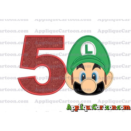 Luigi Super Mario Head Applique Embroidery Design 02 Birthday Number 5