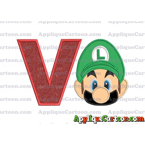 Luigi Super Mario Head Applique Embroidery Design 02 With Alphabet V