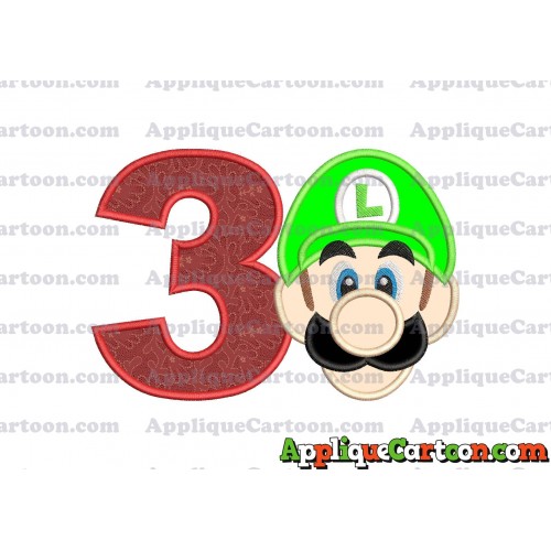 Luigi Super Mario Head Applique Embroidery Design Birthday Number 3