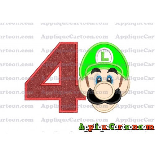 Luigi Super Mario Head Applique Embroidery Design Birthday Number 4