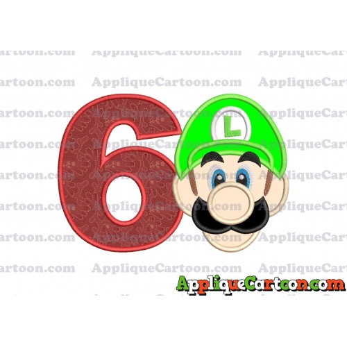 Luigi Super Mario Head Applique Embroidery Design Birthday Number 6