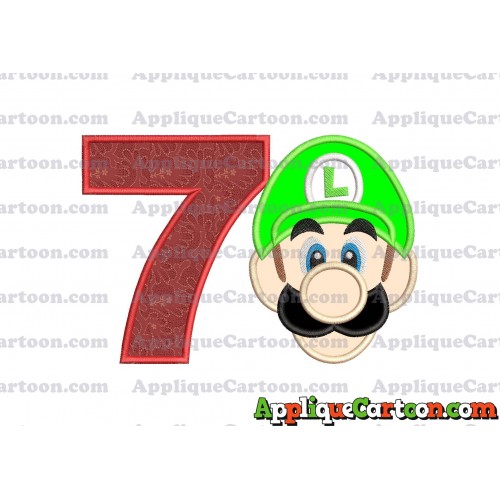 Luigi Super Mario Head Applique Embroidery Design Birthday Number 7
