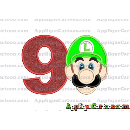Luigi Super Mario Head Applique Embroidery Design Birthday Number 9