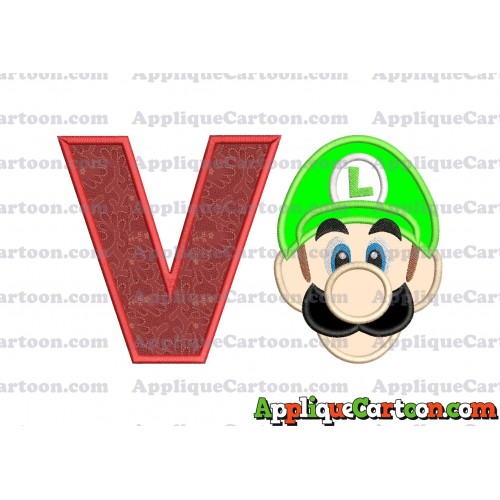 Luigi Super Mario Head Applique Embroidery Design With Alphabet V