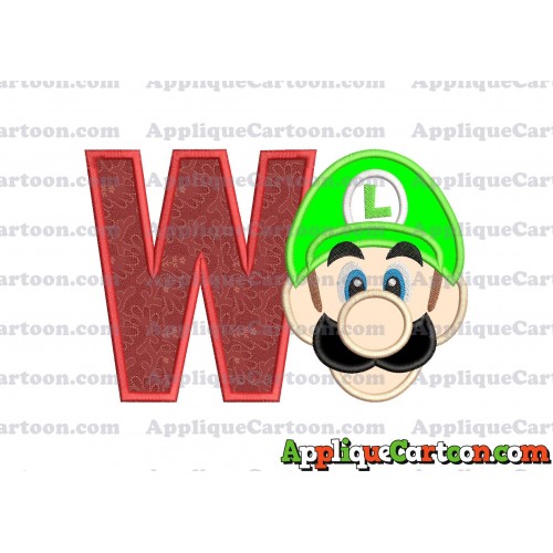 Luigi Super Mario Head Applique Embroidery Design With Alphabet W