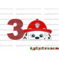 Marshall Paw Patrol Head Applique Embroidery Design Birthday Number 3