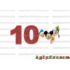 Mickey Mouse With Donald Duck and Goofy and Pluto Faces Applique Embroidery Design Birthday Number 10