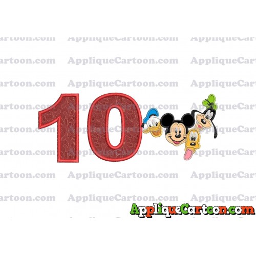 Mickey Mouse With Donald Duck and Goofy and Pluto Faces Applique Embroidery Design Birthday Number 10