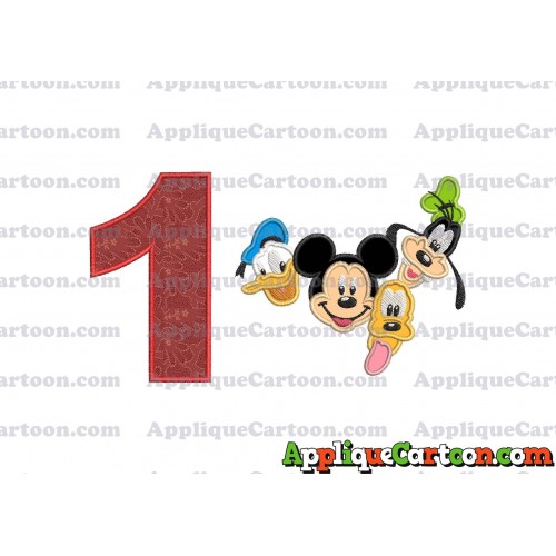 Mickey Mouse With Donald Duck and Goofy and Pluto Faces Applique Embroidery Design Birthday Number 1