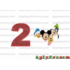 Mickey Mouse With Donald Duck and Goofy and Pluto Faces Applique Embroidery Design Birthday Number 2