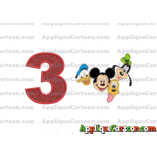 Mickey Mouse With Donald Duck and Goofy and Pluto Faces Applique Embroidery Design Birthday Number 3